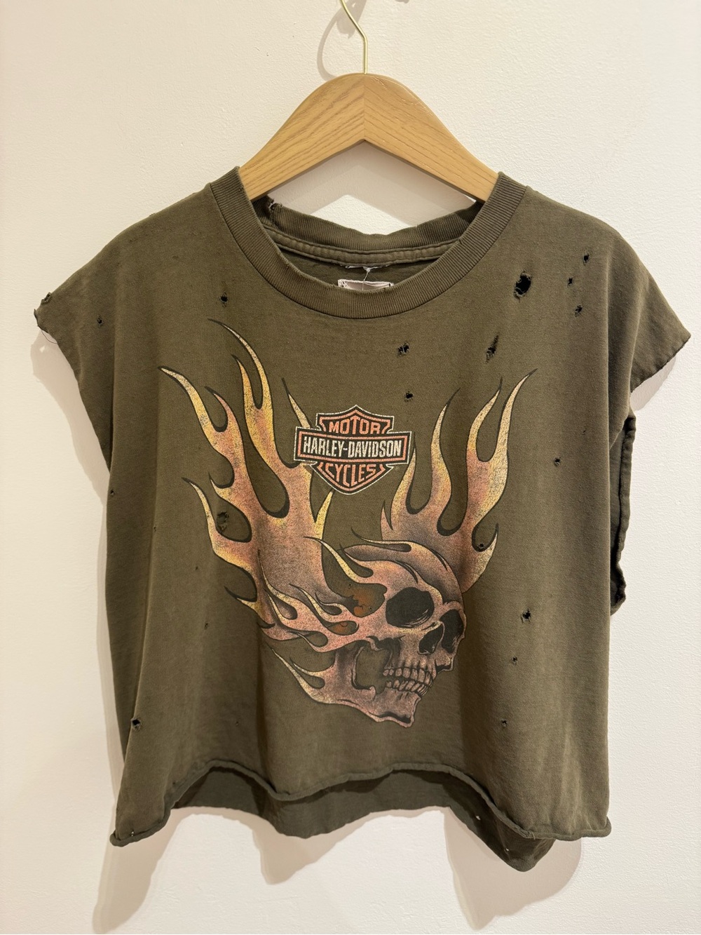 Harley-Davidson Olive Green Distressed Skull Flame Crop Tee